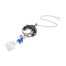 Honeyhandy Lapis Lazuli Pendant Decoration, Hanging Suncatcher, with Brass Rings, Flat Round Alloy Frame and Iron Findings, Teardrop, Blue, 376x2mm, Hole: 10mm