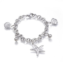 Honeyhandy 304 Stainless Steel Charm Bracelets, Starfish/Sea Stars, Stainless Steel Color, 7-1/2 inch(190mm)x6mm