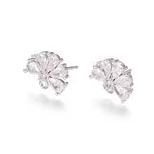 Honeyhandy Brass Cubic Zirconia Stud Earring Findings, with Loop, Flower, Clear, Platinum, 15mm, Pin: 0.7mm