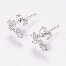 Honeyhandy Brass Micro Pave Cubic Zirconia Stud Earrings, with Ear Nuts, Cross, Platinum, 8x5x2mm, pin: 1mm