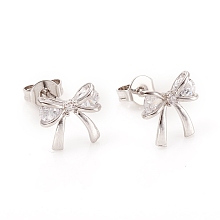 Honeyhandy Brass Micro Pave Clear Cubic Zirconia Ear Studs, with Ear Nuts and 925 Sterling Silver Pins, Bowknot, Platinum, 9.5x9.5x3mm, Pin: 0.7mm