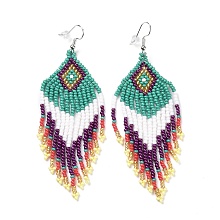 Honeyhandy Glass Seed Braided Rhombus with Tassel Chandelier Earrings, Bohemian Brass Wire Wrap Drop Earrings for Women, Sea Green, 90mm, Pin: 0.6mm