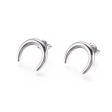 Honeyhandy 304 Stainless Steel Stud Earrings, with Ear Nuts, Crescent Moon/Double Horn, Stainless Steel Color, 14.5x12.5x1.5mm, Pin: 0.6mm, 6pairs/card