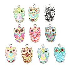 Printed Alloy Pendants, Platinum, Owl Charm, Mixed Color, 23x13.5x2mm, Hole: 1.7mm