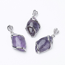 Honeyhandy Natural Amethyst Pendants, with Brass Findings, Horse Eye, Platinum, 38x17x7mm, Hole: 3x4mm