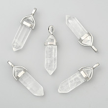 Honeyhandy Natural Quartz Crystal Double Terminated Pointed Pendants, with Random Alloy Pendant Hexagon Bead Cap Bails, Bullet, Platinum, 37~40x12mm, Hole: 3mm