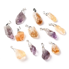 Honeyhandy Natural Amethyst & Citrine Pendants, with Platinum Tone Brass Snap on Bails, Nuggets, 24~42x15~20x6~16.5mm, Hole: 6.5x4mm