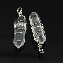 Honeyhandy Natural Crystal Double Terminated Pointed Pendants, with Brass Pendant Settings, Faceted, Bullet, Platinum Metal Color, 35~45x10~13mm, Hole: 3mm