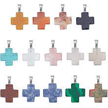 NBEADS 14 Pcs Cross Gemstone Pendants, Cross Gemstone Charms Chakra Beads Dangle Pendants with Metal Findings for Bracelet Necklace Jewelry Making