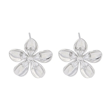 Brass Pave Clear Cubic Zirconia Stud Earring Findings, with Loop, Flower, Platinum, Tray: 1.8mm, 18x18mm, Hole: 1.2mm, Pin: 0.5mm