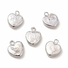 Honeyhandy Baroque Natural Keshi Pearl Pendants, Heart Charms, with Brass Loops, Platinum, 13~15x11~12x3~5mm, Hole: 1.8mm