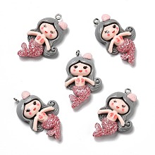 Honeyhandy Opaque Resin Pendants, with Glitter Powder and Platinum Tone Iron Loops, Mermaid, Silver, 35x21.5x6mm, Hole: 2mm