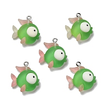 Honeyhandy Opaque Resin Pendants, with Platinum Tone Iron Loops, Frosted, Fish, Lime Green, 22x21x6mm, Hole: 2mm