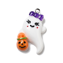 Honeyhandy Halloween Opaque Resin Pendants, with Platinum Tone Iron Loops, Ghost with Pumpkin, White, 32x19x5.5mm, Hole: 2mm