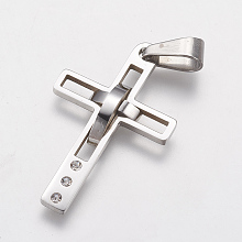 Honeyhandy 316 Surgical Stainless Steel Pendants, with Rhinestone, Cross, Stainless Steel Color, 30x18x3mm, Hole: 3x6mm