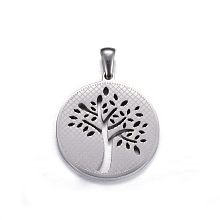 Honeyhandy 304 Stainless Steel Pendants, Flat Round with Tree of Life, Stainless Steel Color, 27.5x25x2mm, Hole: 7x3mm