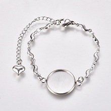 Honeyhandy 304 Stainless Steel Bracelet Making, with Lobster Claw Clasps, Link Chains and Flat Round Cabochon Settings, Stainless Steel Color, Tray: 16mm, 5-3/4 inch(14.5cm)