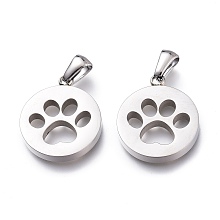 Honeyhandy 304 Stainless Steel Pet Pendants, Manual Polishing, Flat Round with Dog Footprints, Stainless Steel Color, 21.5x18x3mm, Hole: 6x2.5mm