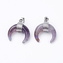 Honeyhandy Natural Amethyst Pendants, with Brass Findings, Double Horn/Crescent Moon, Platinum, 22~23x19~20x9mm, Hole: 5x7mm