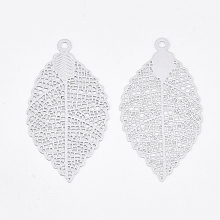 Honeyhandy Brass Pendants, Etched Metal Embellishments, Long-Lasting Plated, Leaf, Platinum, 39x21.5x0.3mm, Hole: 1.6mm