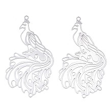 Honeyhandy 201 Stainless Steel Filigree Big Pendants, Etched Metal Embellishments, Phoenix, Stainless Steel Color, 56x29x0.2mm, Hole: 1.8mm