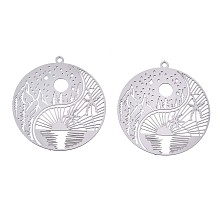 Honeyhandy 201 Stainless Steel Filigree Pendants, Etched Metal Embellishments, Flat Round with Landscape Pattern, Stainless Steel Color, 32x30x0.3mm, Hole: 1.5mm