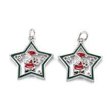 Christmas Themed Brass Micro Pave Cubic Zirconia Pendants, with Enamel and Jump Ring, Long-Lasting Plated, Star with Santa Claus, Real Platinum Plated, 19.5x18x2mm, Jump Ring: 5x0.7mm, 3.6mm Inner Diameter