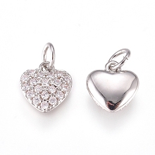 Honeyhandy Brass Charms, with Micro Pave Cubic Zirconia and Jump Rings, Heart, Clear, Platinum, 7.5x7x2.5mm, Hole: 2.5mm