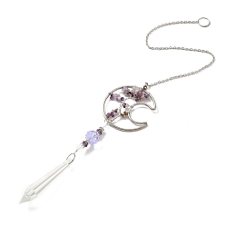 Honeyhandy Amethyst Pendant Decoration, Hanging Suncatcher, with Stainless Steel Rings and Moon Alloy Frame, Bullet, Purple, 407x2mm, Hole: 10mm