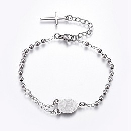 Honeyhandy 201 Stainless Steel Charm Bracelets, Religion Theme, Oval and Cross, Rosary Center Pieces, Stainless Steel Color, 6-3/4 inch(17~17.2cm), 2.8mm