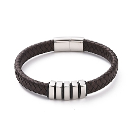 Honeyhandy 304 Stainless Steel Rectangle Beaded Bracelet with Magnetic Clasps, Brown Leather Braided Cord Punk Wristband for Men Women, Stainless Steel Color, 8-5/8 inch(21.9cm)