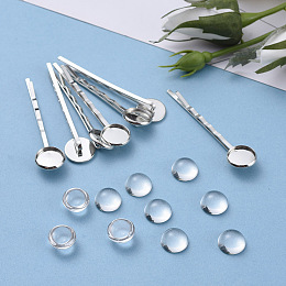 Honeyhandy DIY Hair Bobby Pin Making, with Iron Hair Bobby Pin Findings and Transparent Half Round Glass Cabochons, Platinum, Hair Bobby Pin: 54x14mm, 10pcs/set, Tray: 12mm, Cabochons: 12x5.5mm, 10pcs/set