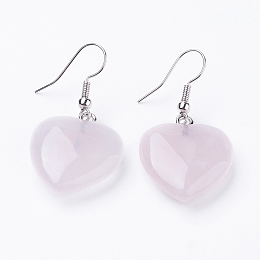 Honeyhandy Natural Rose Quartz Dangle Earrings, with Brass Finding, Heart, Platinum, 39~41mm, 19~21x7~8mm, Pin: 0.7mm