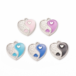 Honeyhandy Alloy Enamel Pendants, Heart with Yin Yang Charm, Platinum, Mixed Color, 17x15x1.6mm, Hole: 1.8mm