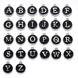 Honeyhandy Initial Letter A~Z Alphabet Enamel Charms, Flat Round Disc Double Sided Charms, Platinum Plated Enamelled Sequins Alloy Charms, Black, 14x12x2mm, Hole: 1.5mm, 26pcs/set