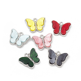 Acrylic Pendants, with Light Gold Tone Alloy Rhinestone Findings, Butterfly Charm, Mixed Color, 15x18x4mm, Hole: 1.8mm