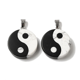 Honeyhandy Natural Howlite & Obsidian Flat Round Pendants, Yin-yang Charms with Platinum Plated Alloy Snap on Bails, 28.5x25x6.5mm, Hole: 7.6x4mm