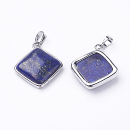 Honeyhandy Natural Lapis Lazuli Pendants, with Brass Findings, Rhombus, Platinum, 25x29x7mm, Hole: 5x7mm, 18x18mm