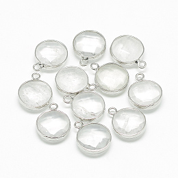 Honeyhandy Natural Quartz Crystal Pendants, with Brass Findings, Faceted, Flat Round, Platinum, Clear, 19~21x15~16x6~7mm, Hole: 2mm