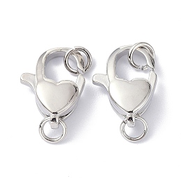 Honeyhandy Eco-Friendly Brass Lobster Claw Clasps, with Jump Ring, Heart, Platinum, 16x11.5x5.4mm