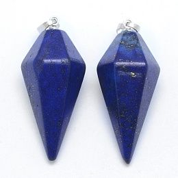 Honeyhandy Natural Lapis Lazuli Pointed Pendants, with Brass Findings, Bullet, Dyed, Platinum, 38.5x16x14.5mm, Hole: 5x8mm