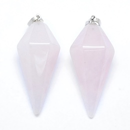 Honeyhandy Natural Rose Quartz Pointed Pendants, with Brass Findings, Bullet, Platinum, 38.5x16x14.5mm, Hole: 5x8mm