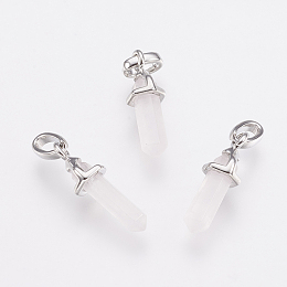 Honeyhandy Brass Natural Rose Quartz Double Terminated Pointed Pendants, Bullet, Platinum, 17~20x7x6.5mm, Hole: 2x4mm