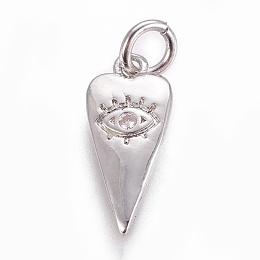 Honeyhandy Brass Pendants, with Cubic Zirconia, Heart with Evil Eye, Clear, Platinum, 15.5x7x1.5mm, Hole: 3mm