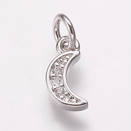 Honeyhandy Brass Cubic Zirconia Pendants, Moon Charms, Platinum, 9.5x5x2mm, Hole: 3mm