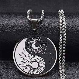 Honeyhandy 304 Stainless Steel Enamel Yin Yang with Sun & Moon Pendant Necklaces, Box Chains Necklaces for Women Men, Stainless Steel Color, 23.46 inch(59.6cm)