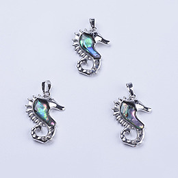 Honeyhandy Abalone Shell/Paua Shell Pendants, with Rhinestone and Platinum Tone Brass Bail, Sea Horse, 35.5x24x5mm, Hole: 5x8mm