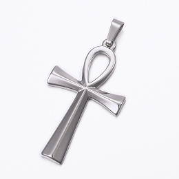 Honeyhandy 304 Stainless Steel Pendants, with 201 Stainless Steel Snap on Bails, Ankh Cross, Stainless Steel Color, 44.5x25.5x3mm, Hole: 8x4mm