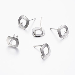 304 Stainless Steel Stud Earring Findings, with Loop, Square, Stainless Steel Color, Pin: 0.8mm; 9.5x9.5x1mm, Hole: 2mm