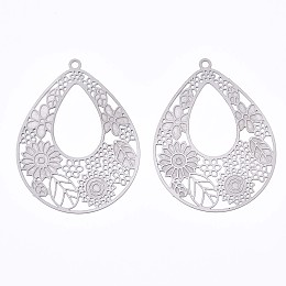 Honeyhandy 201 Stainless Steel Filigree Pendants, Etched Metal Embellishments, Teardrop with Leaf, Stainless Steel Color, 38.5x30x0.3mm, Hole: 1.6mm